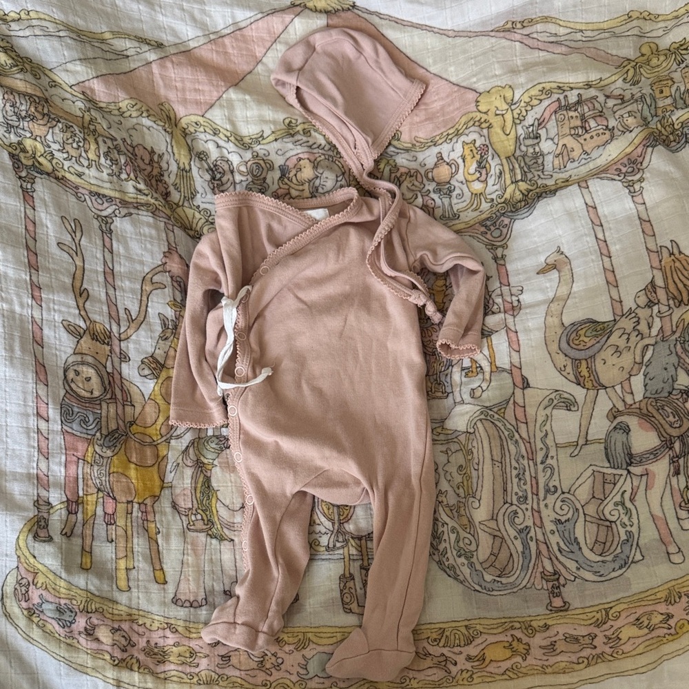 Pink kimono Baby footie with bonnet